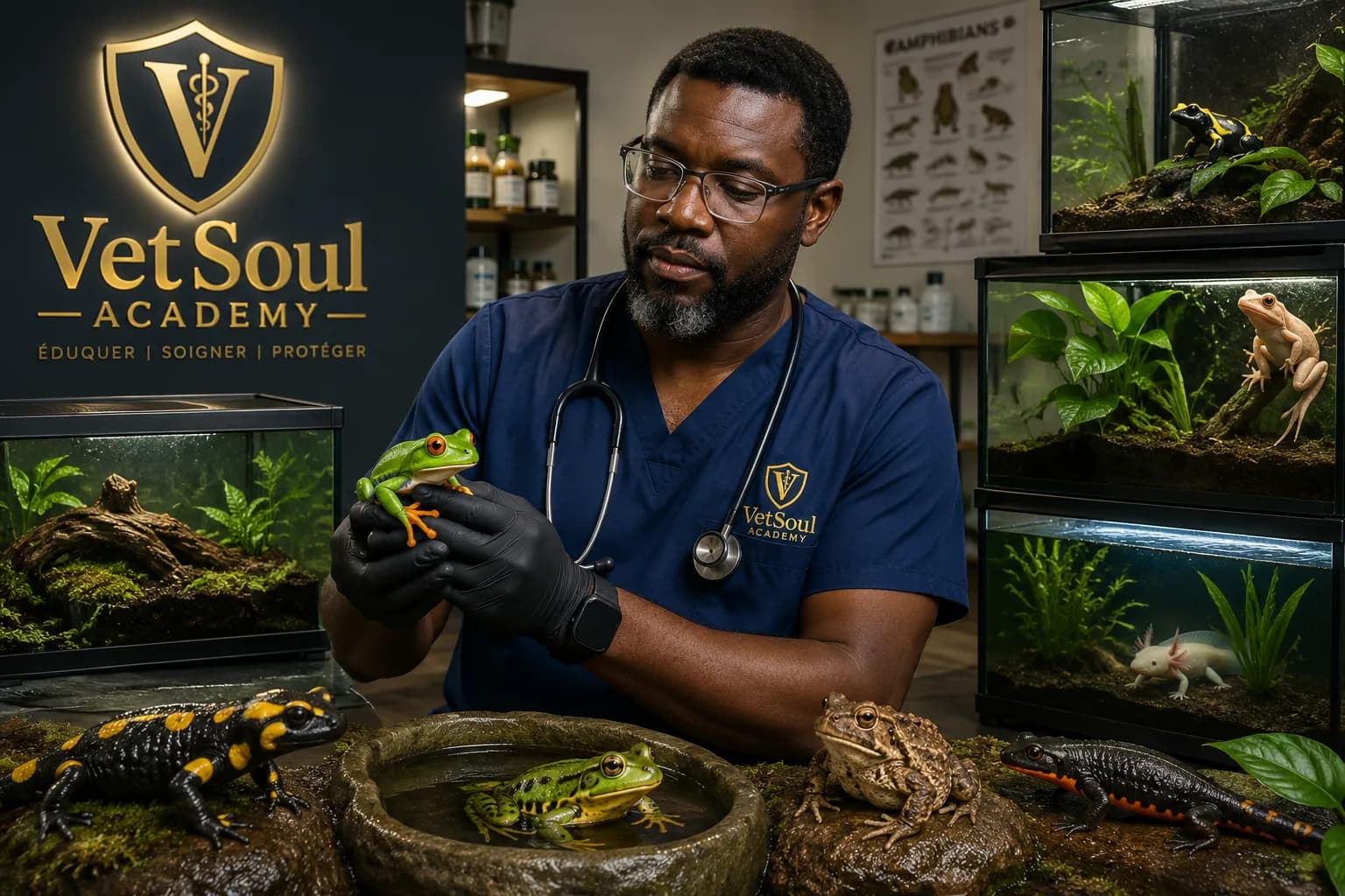 A VetSoul Academy veterinarian in navy scrubs and black gloves gently holding a red-eyed tree frog, beside the illuminated gold VetSoul Academy wall logo, with a green frog, fire salamander, toad, and fire-bellied newt in the foreground and dart frog, tree frog, and axolotl terrariums at the VetSoul Amphibians Academy.