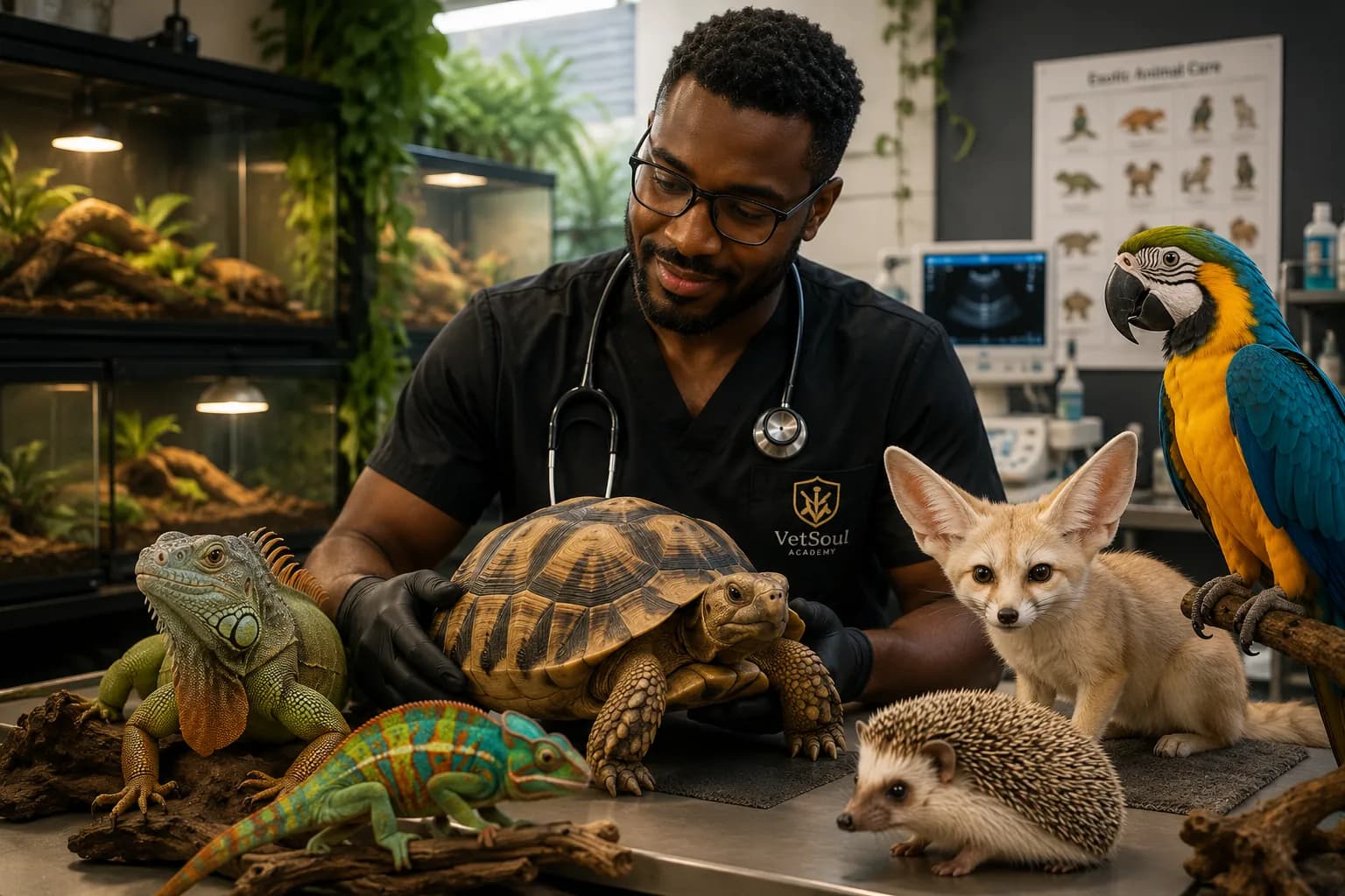A VetSoul Academy veterinarian in black scrubs and gloves gently holding a tortoise in an exotic-animal clinic, surrounded by a green iguana, a chameleon, a fennec fox, a hedgehog, and a blue-and-gold macaw, with planted terrariums, an Exotic Animal Care chart, and an ultrasound at the VetSoul Exotic Animals Academy.