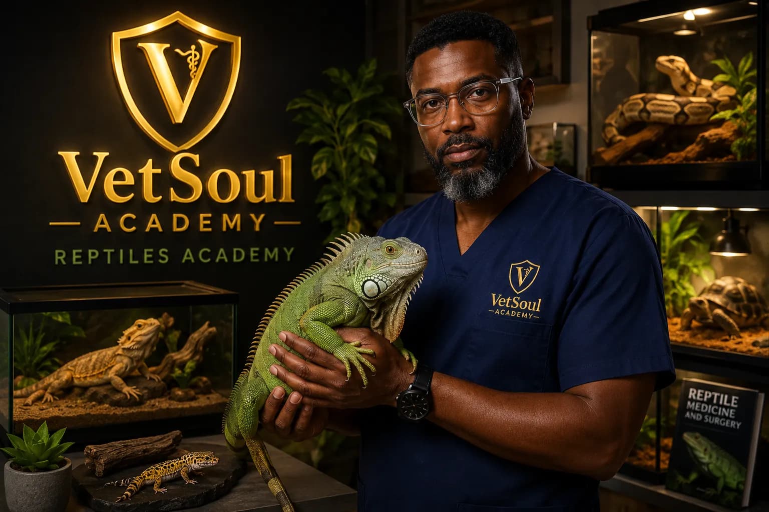 A VetSoul Academy veterinarian in navy scrubs gently holding a large green iguana, beside the illuminated gold VetSoul Academy wall logo, with a bearded dragon, leopard gecko, ball python, and tortoise in terrariums at the VetSoul Reptiles Academy.